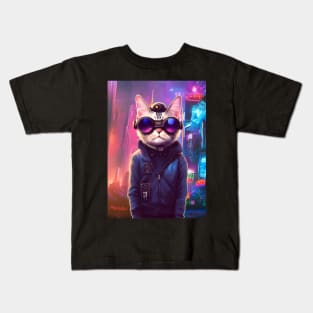 Techno Cat In Japan Neon City Kids T-Shirt